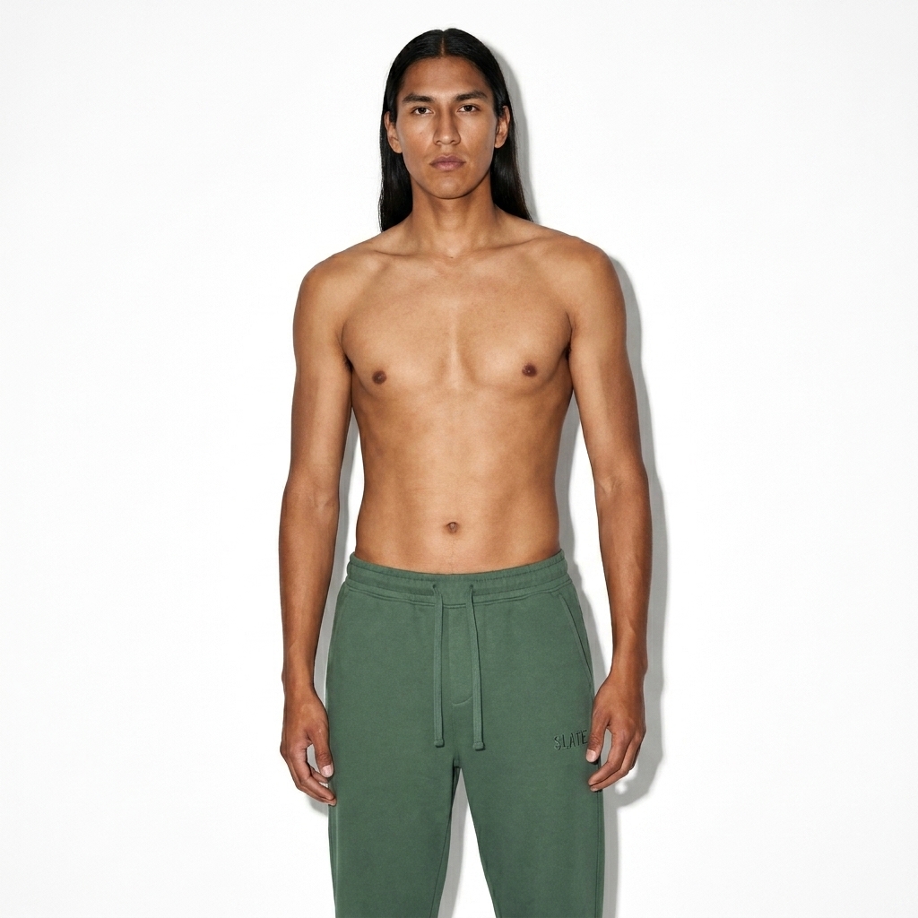 Custom Pigment-Dyed Sweatpants worn by a slim tall Indigenous American male fashion influencer, gorpcore outdoor styling, studio lookbook — custom custom pigment-dyed sweatpants