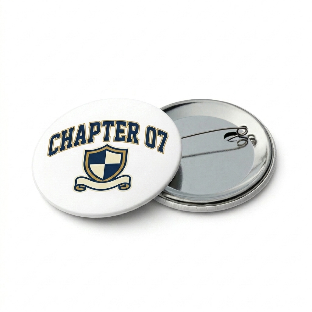 Custom Custom Pin Buttons design direction 3: Retro Collegiate Emblem featuring the CHAPTER 07 wordmark