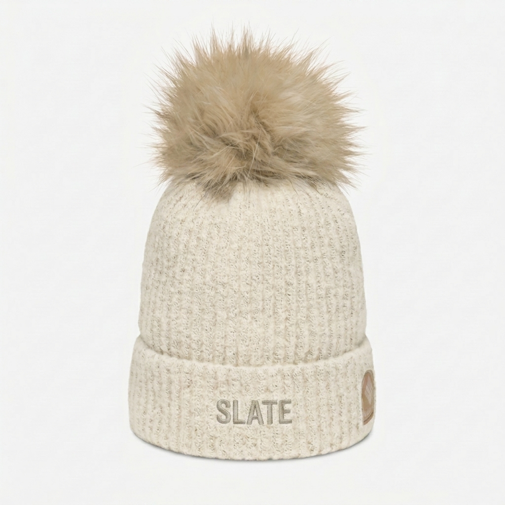 Custom Pom-Pom Beanie design direction 1: Tonal Luxe Wordmark featuring the SLATE wordmark