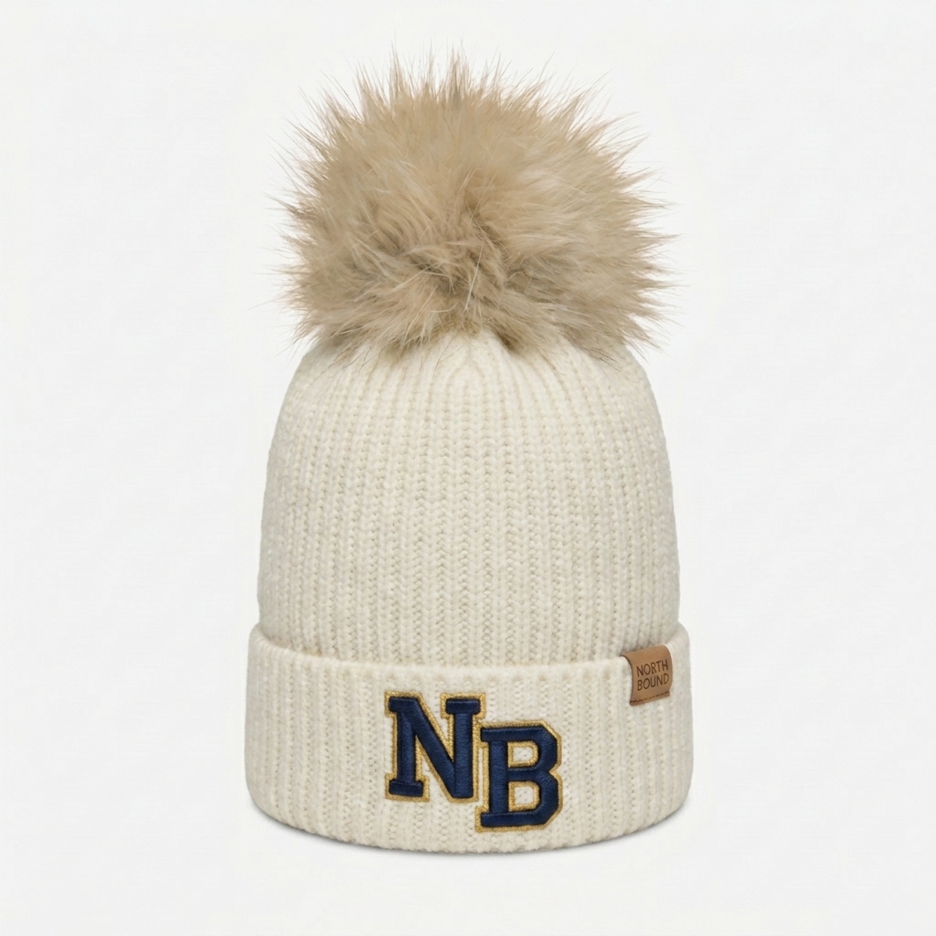 Custom Pom-Pom Beanie design direction 2: Varsity Emblem featuring the NORTH BOUND wordmark