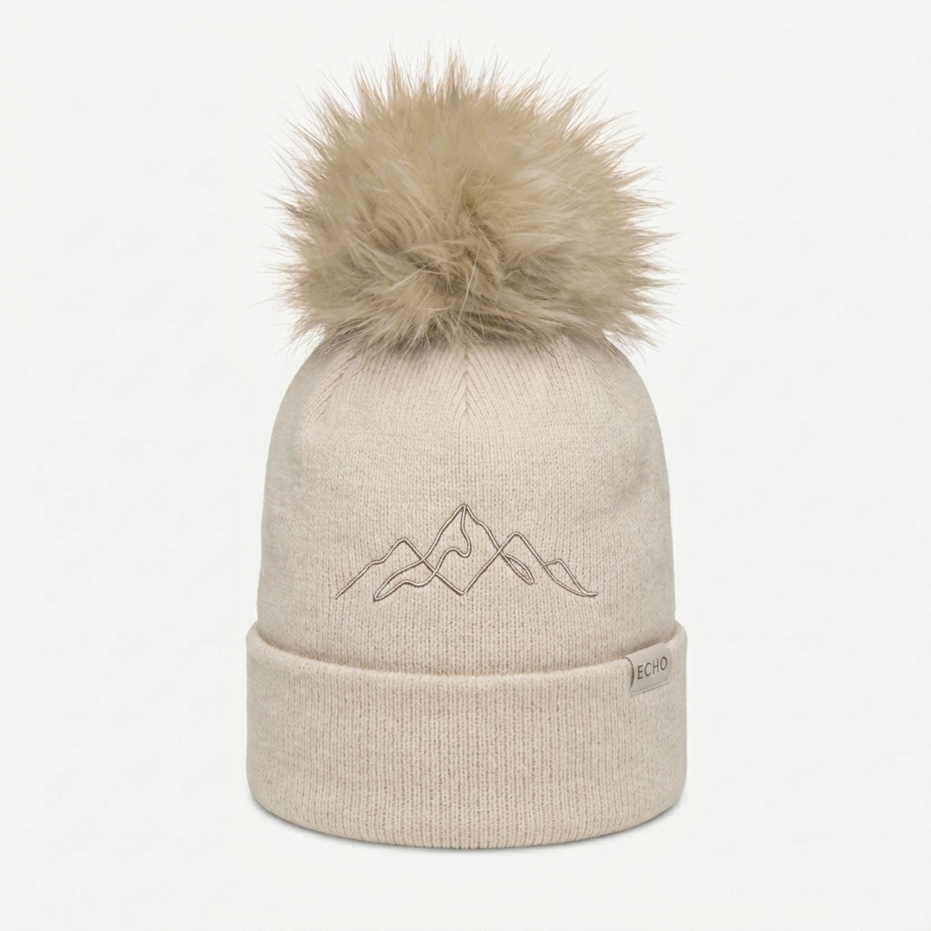 Custom Pom-Pom Beanie design direction 3: Abstract Horizon featuring the ECHO wordmark