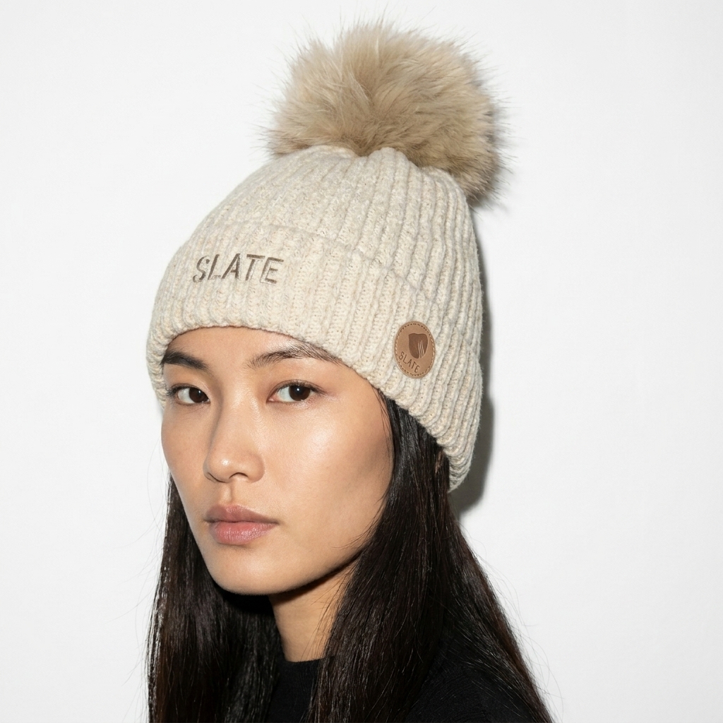Pom-Pom Beanie worn by a lean Chinese female fashion influencer, preppy ivy styling, studio lookbook — custom pom-pom beanie