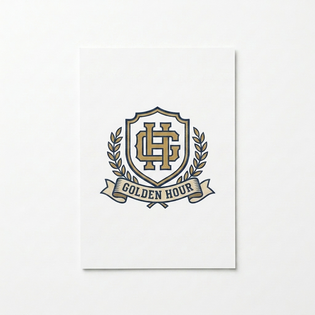 Custom Custom Printed Postcard design direction 3: Retro Collegiate Emblem featuring the GOLDEN HOUR wordmark
