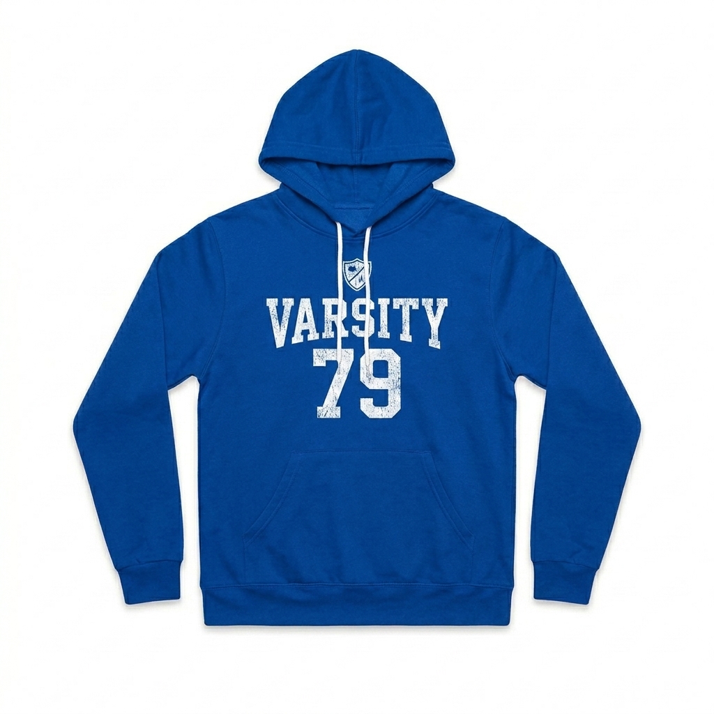 Custom Custom Pullover Hoodie design direction 3: Retro Collegiate Emblem featuring the VARSITY 79 wordmark