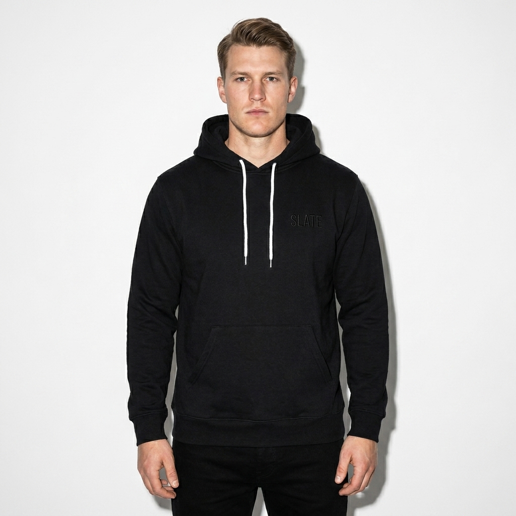 Custom Pullover Hoodie worn by a broad-shouldered Scandinavian male fashion influencer, editorial avant-garde styling, studio lookbook — custom custom pullover hoodie