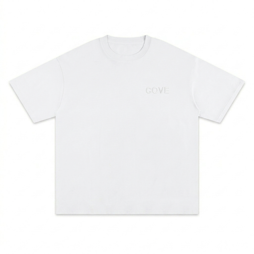 Custom Pure Cotton T-Shirt design direction 1: Tonal Minimalist Wordmark featuring the COVE wordmark