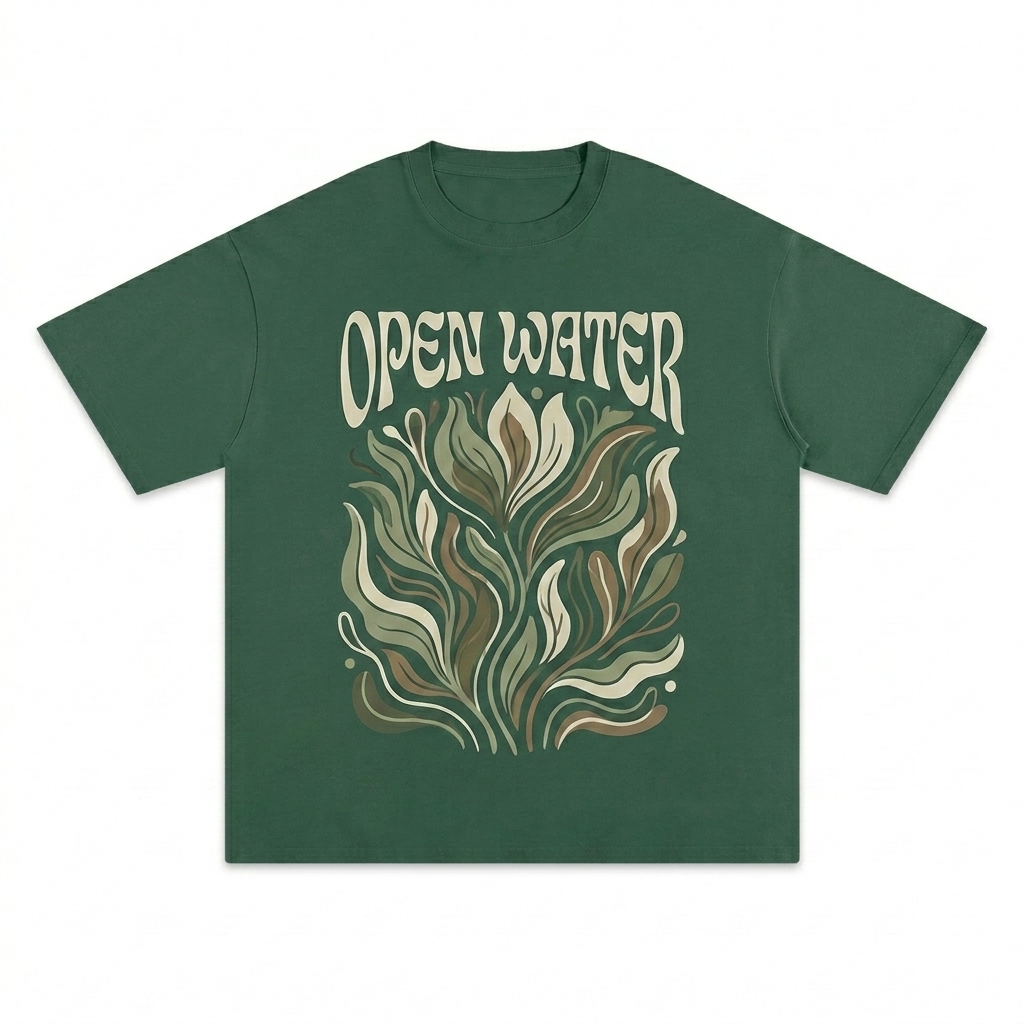 Custom Pure Cotton T-Shirt design direction 2: Bold Abstract Graphic featuring the OPEN WATER wordmark