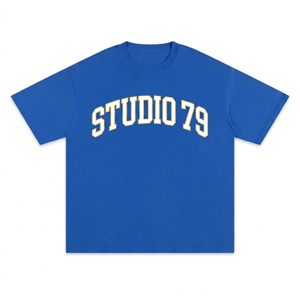 Custom Pure Cotton T-Shirt design direction 3: Retro Collegiate Text featuring the STUDIO 79 wordmark