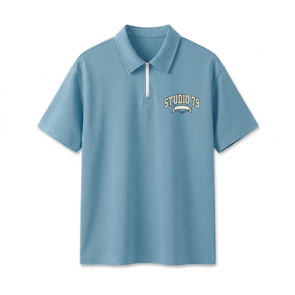 Custom Custom Quarter-Zip Polo Shirt design direction 3: Retro Collegiate Emblem featuring the STUDIO 79 wordmark