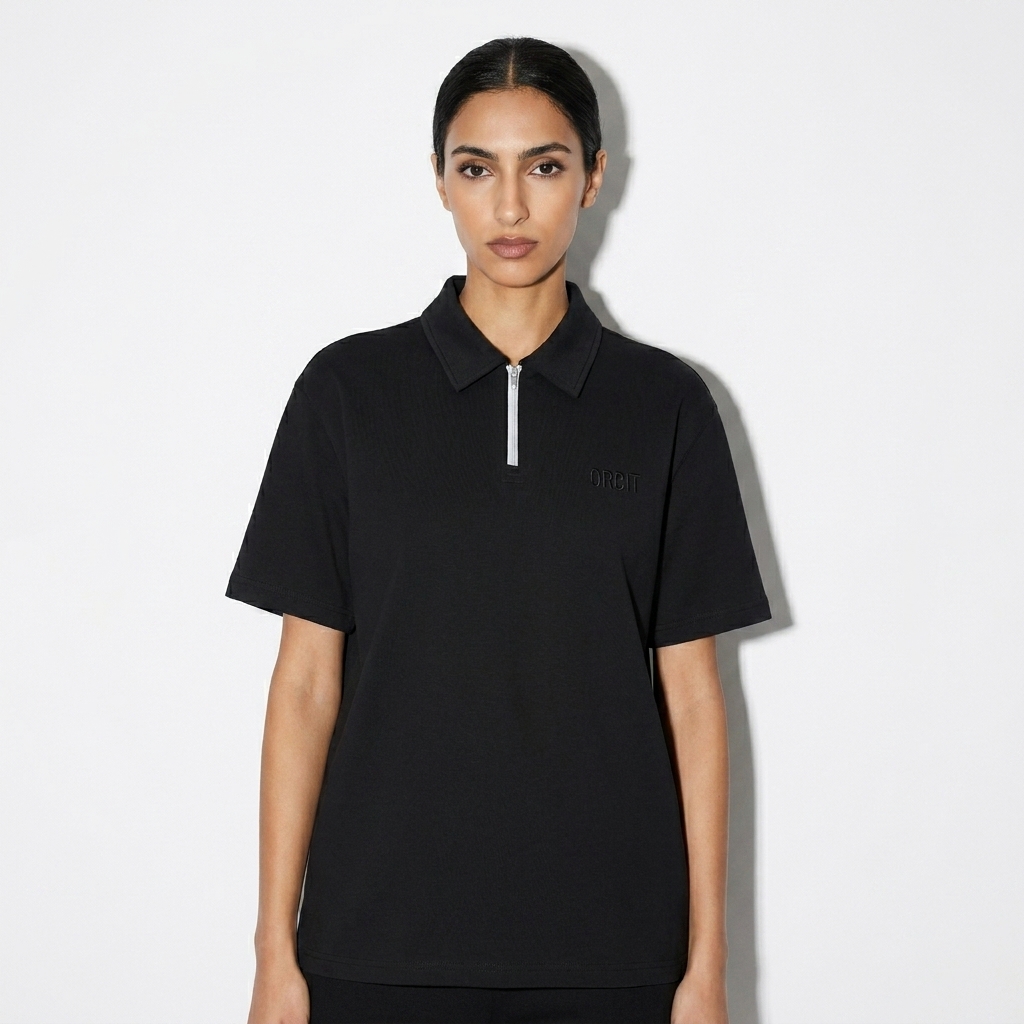 Custom Quarter-Zip Polo Shirt worn by a slim tall Arab female fashion influencer, techwear modern styling, studio lookbook — custom custom quarter-zip polo shirt