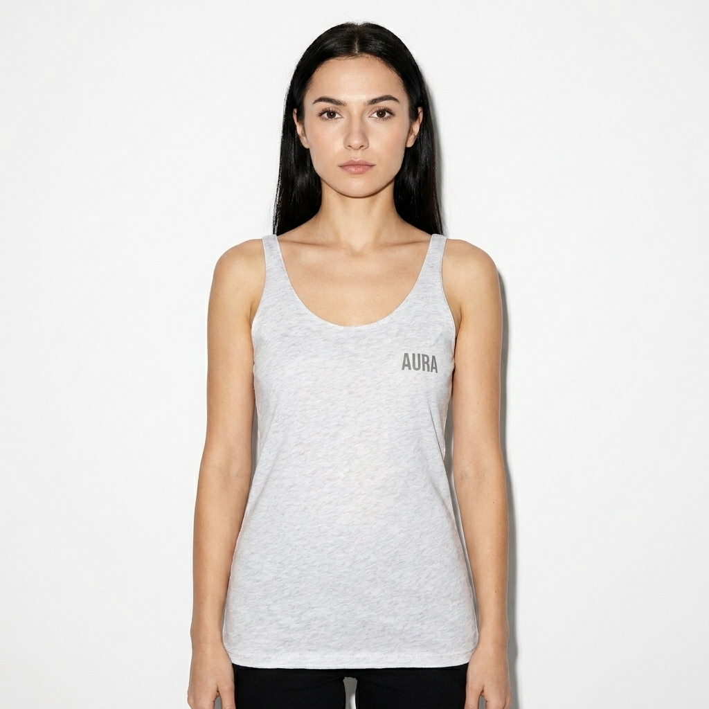 Racerback Tank Top worn by a petite Eastern European female fashion influencer, downtown streetwear styling, studio lookbook — custom racerback tank top