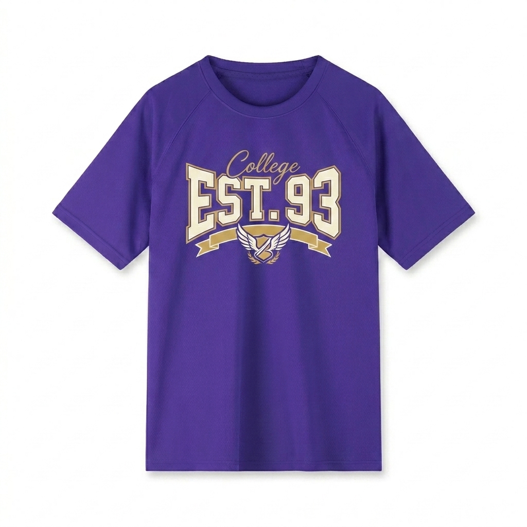 Custom Custom Raglan Mesh T-Shirt design direction 3: Retro Collegiate Emblem featuring the EST. 93 wordmark