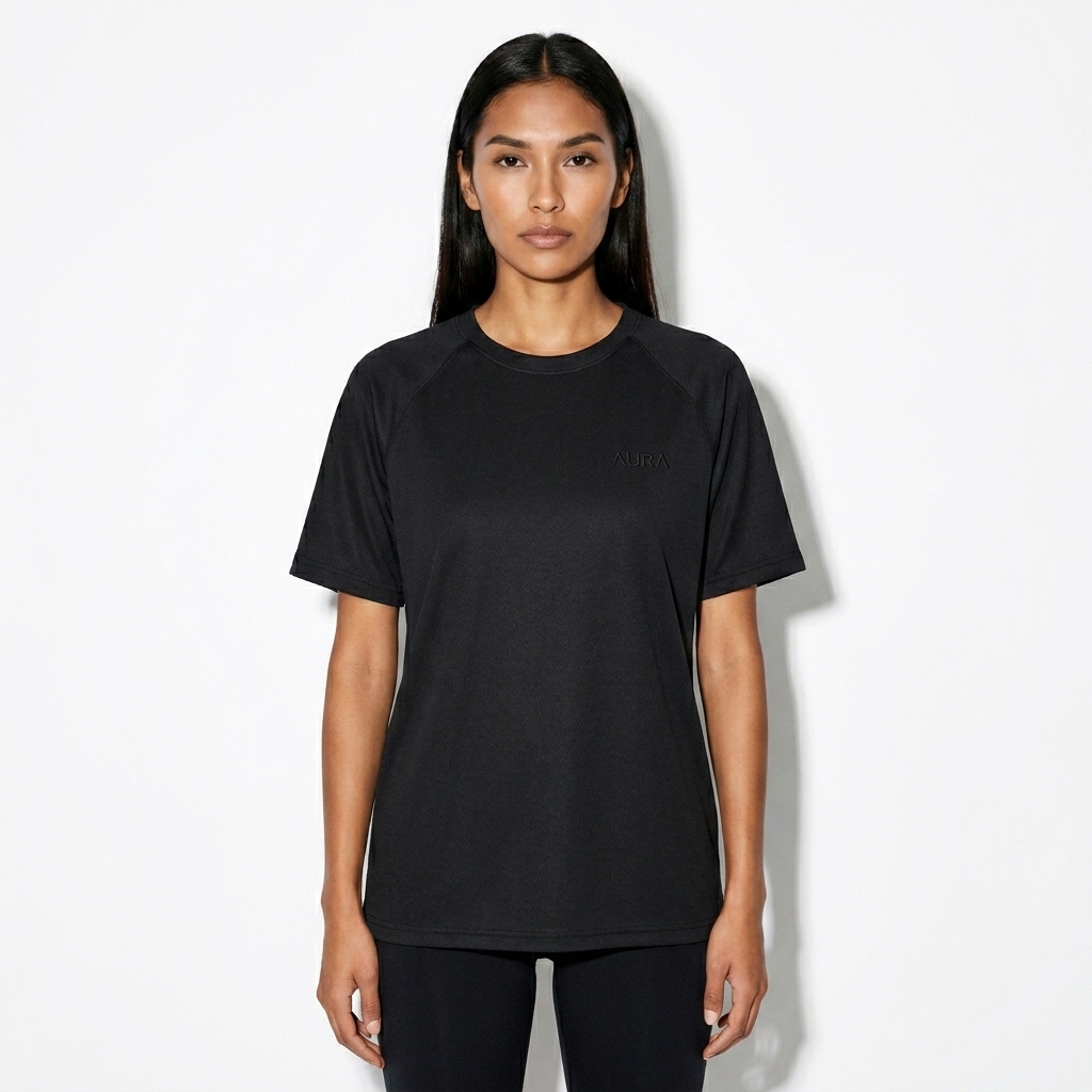Custom Raglan Mesh T-Shirt worn by a slim tall Indigenous American female fashion influencer, minimalist luxury styling, studio lookbook — custom custom raglan mesh t-shirt