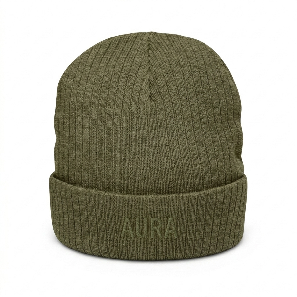 Custom Ribbed Knit Beanie design direction 1: Tonal Minimalist Wordmark featuring the AURA wordmark