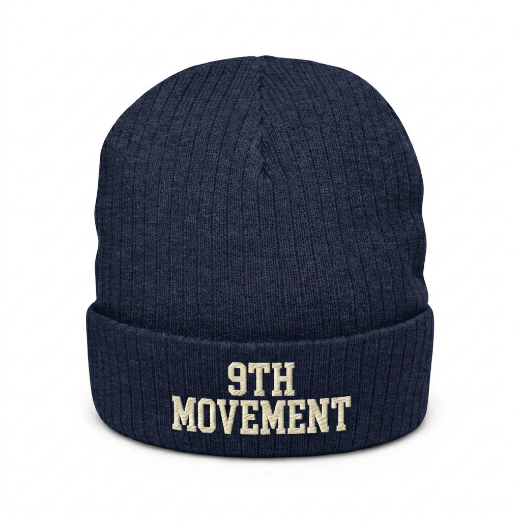 Custom Ribbed Knit Beanie design direction 2: Retro Collegiate Emblem featuring the 9TH MOVEMENT wordmark