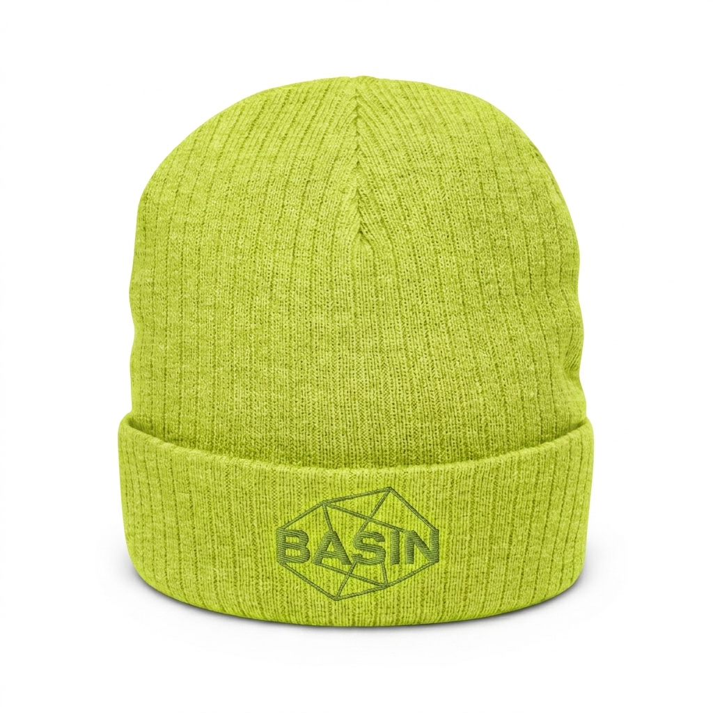 Custom Ribbed Knit Beanie design direction 3: Abstract Line Graphic featuring the BASIN wordmark