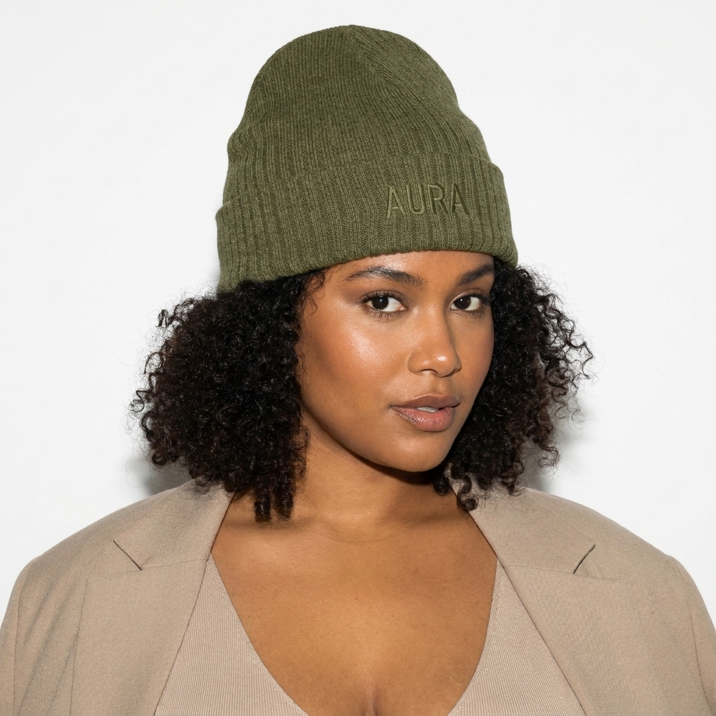 Ribbed Knit Beanie worn by a curvy Afro-Caribbean female fashion influencer, y2k revival styling, studio lookbook — custom ribbed knit beanie