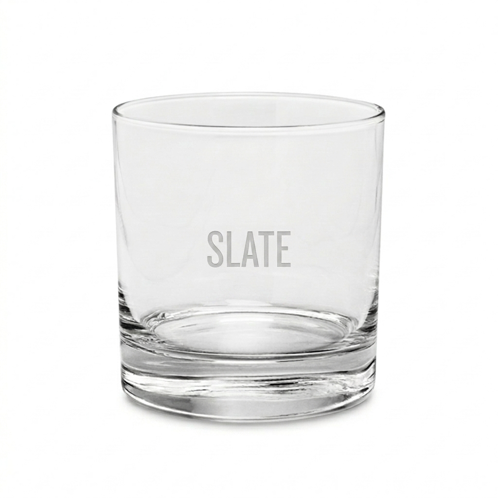 Custom Rocks Glass design direction 1: Minimalist Wordmark featuring the SLATE wordmark