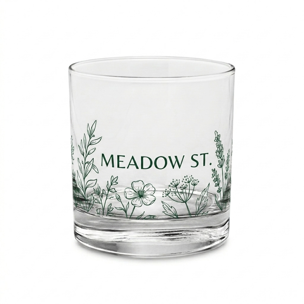 Custom Rocks Glass design direction 2: Botanical Illustration featuring the MEADOW ST. wordmark