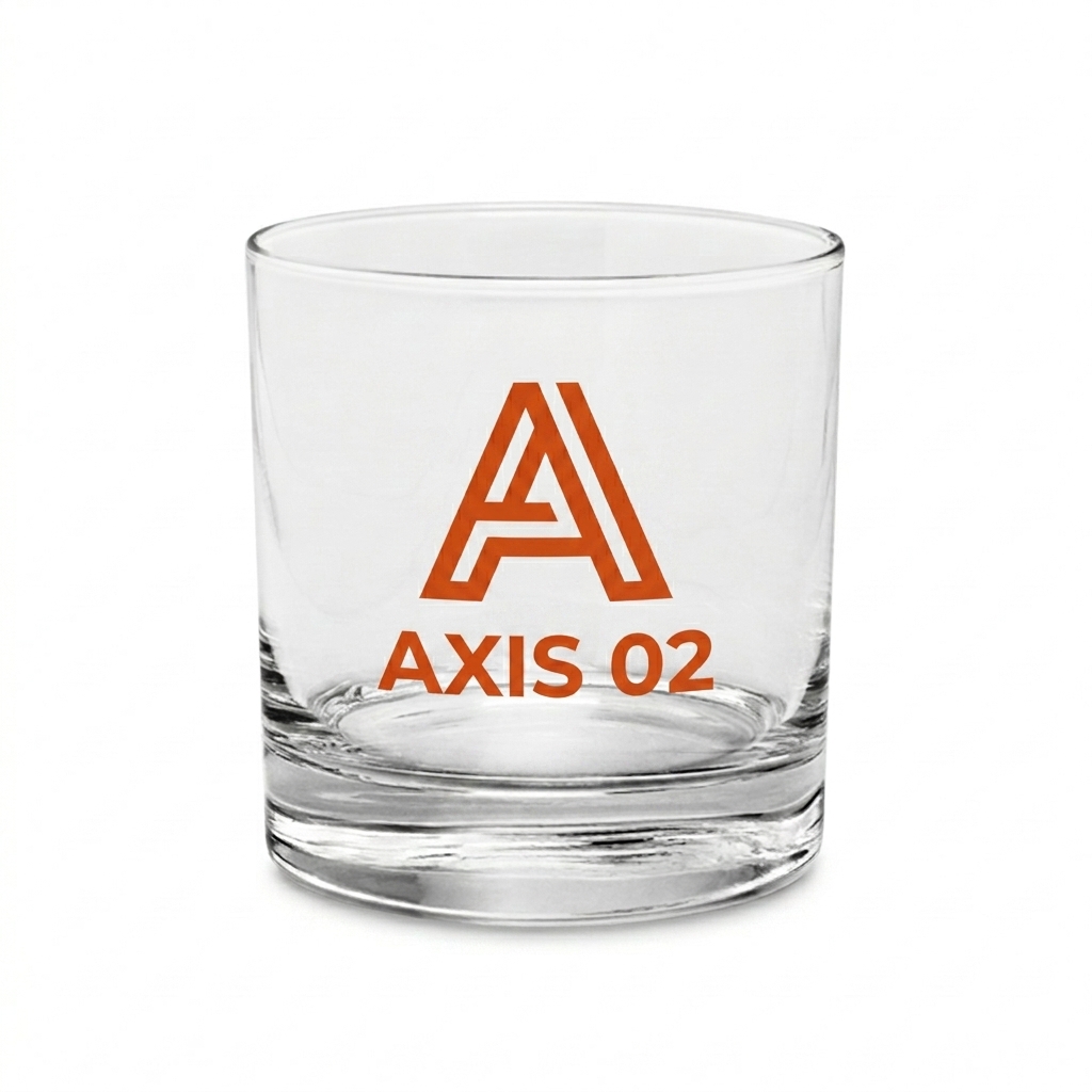 Custom Rocks Glass design direction 3: Geometric Emblem featuring the AXIS 02 wordmark