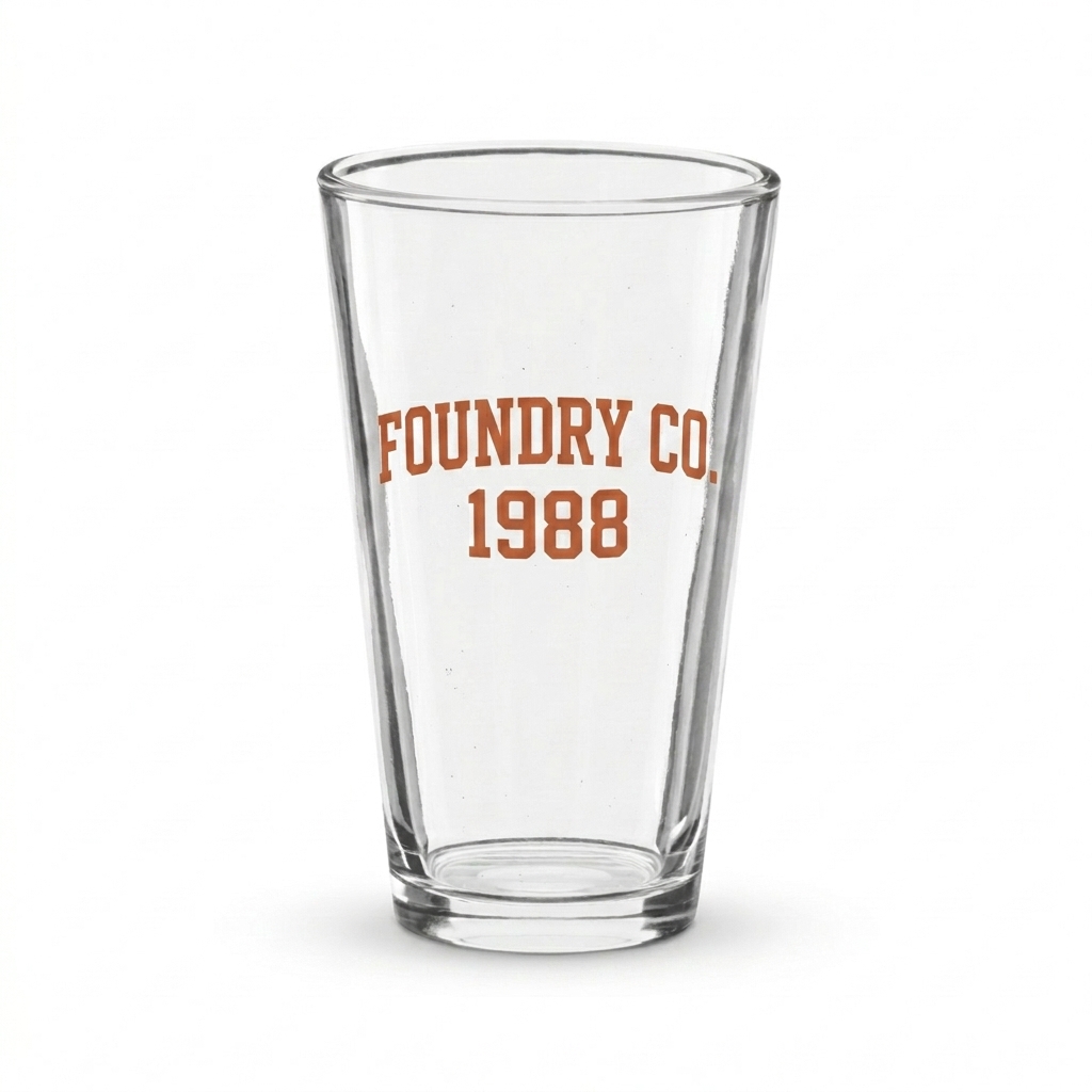 Custom Custom Shaker Pint Glass design direction 3: Retro Collegiate Emblem featuring the FOUNDRY CO. wordmark