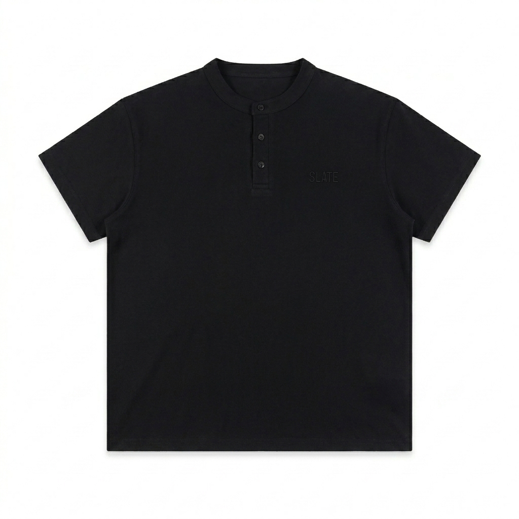 Custom Short Sleeve Henley Shirt design direction 1: Subtle Chest Wordmark featuring the SLATE wordmark