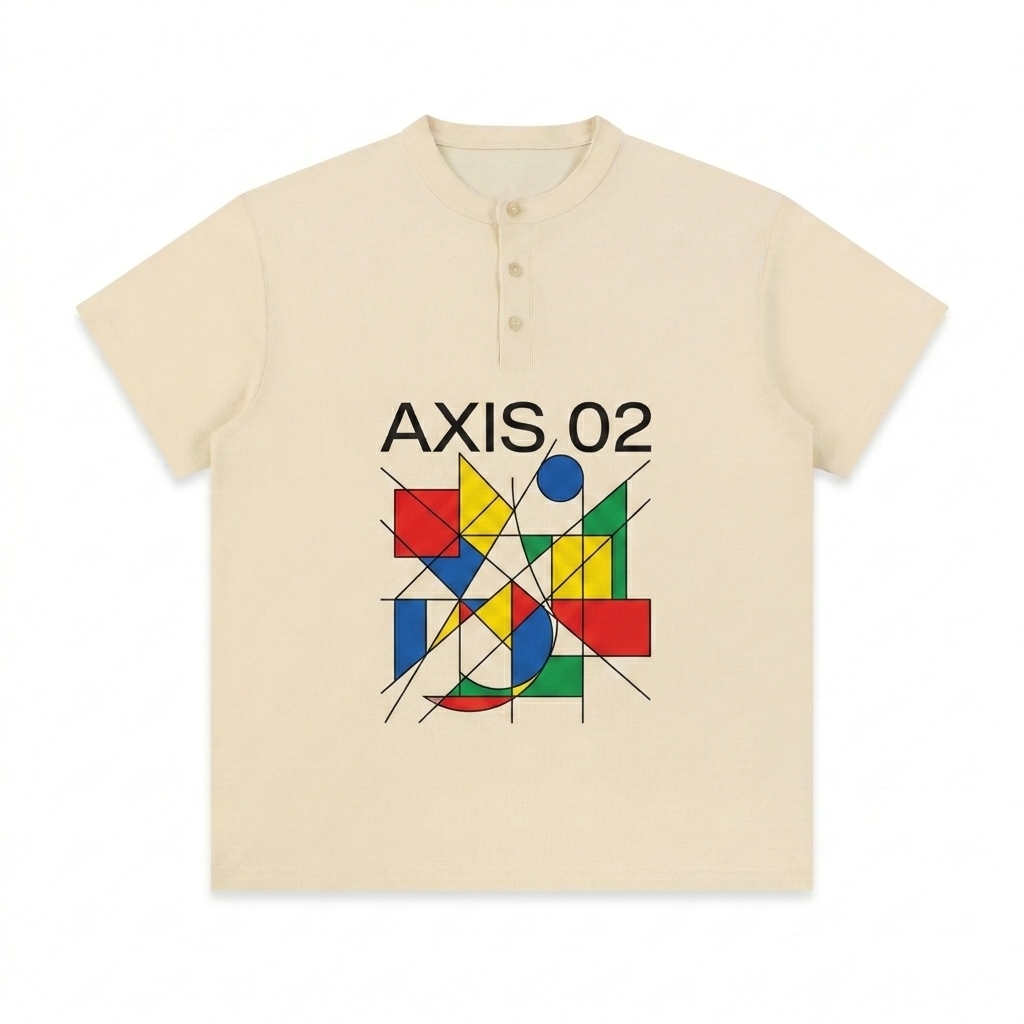 Custom Short Sleeve Henley Shirt design direction 2: Abstract Geometric Graphic featuring the AXIS 02 wordmark