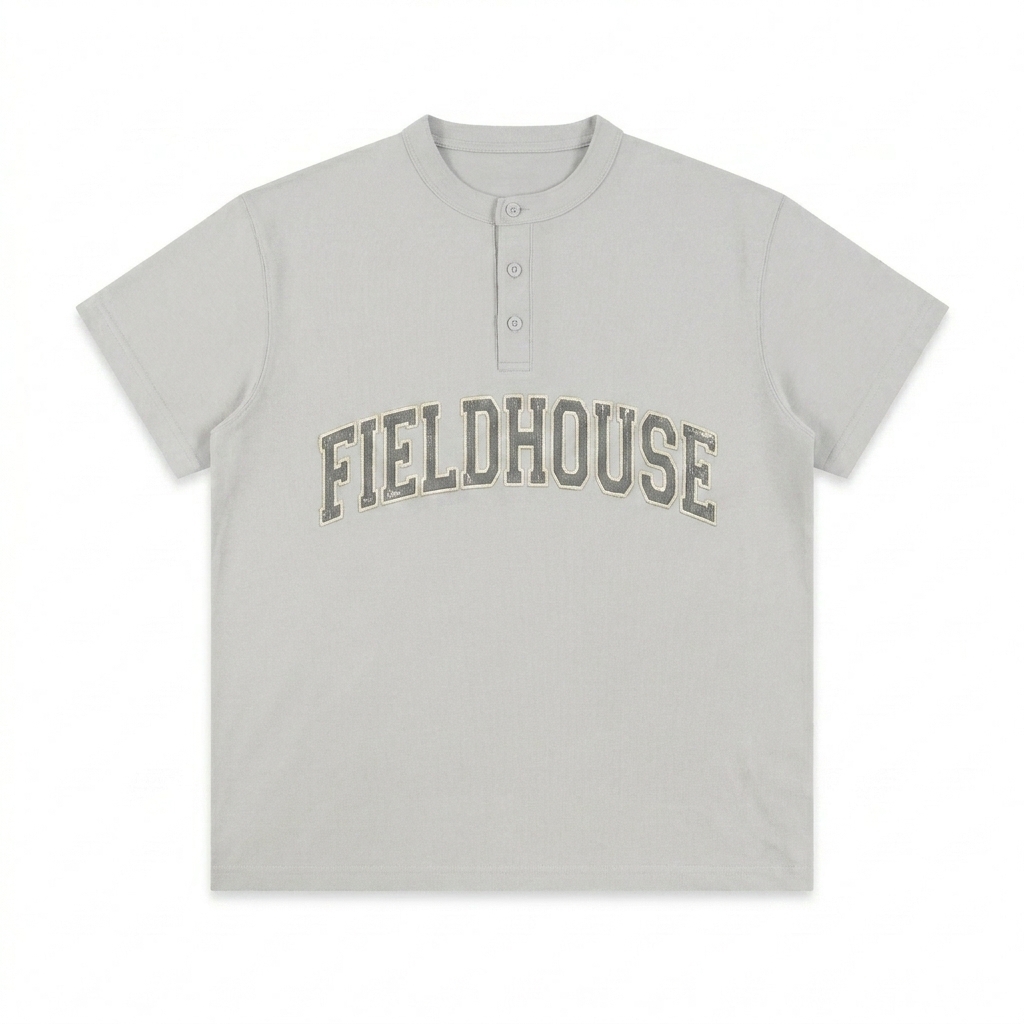 Custom Short Sleeve Henley Shirt design direction 3: Varsity Lettering featuring the FIELDHOUSE wordmark