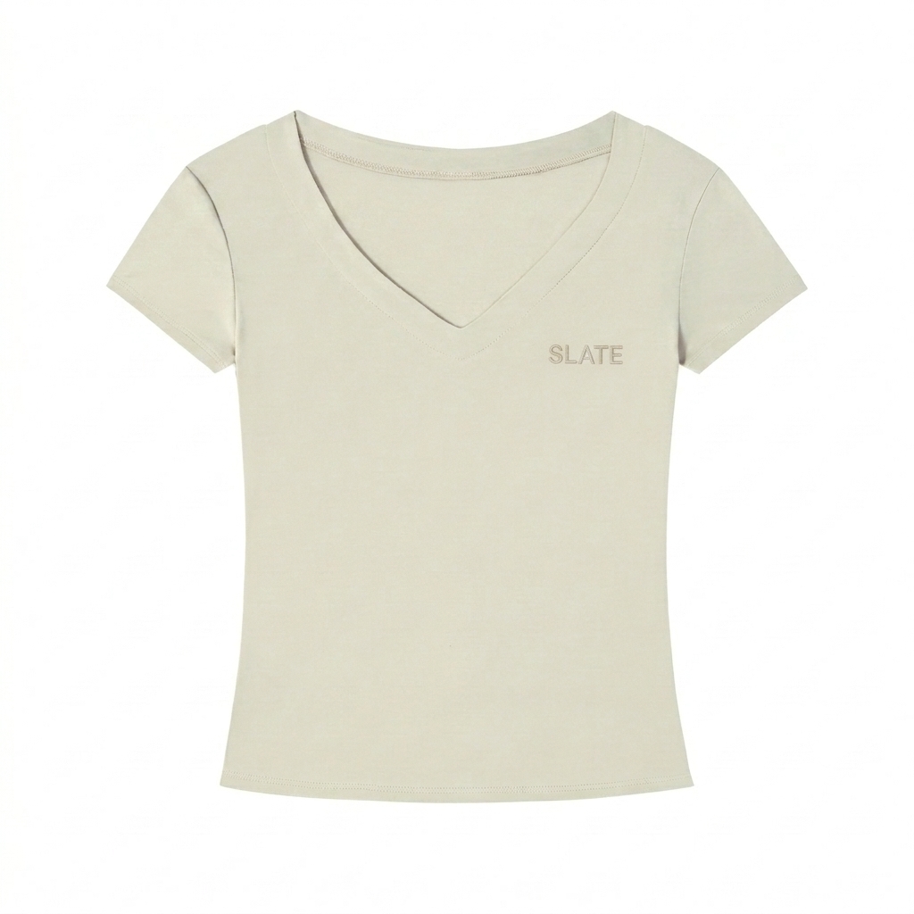 Custom Custom Slim Fit V-Neck T-Shirt design direction 1: Minimalist Tonal Wordmark featuring the SLATE wordmark