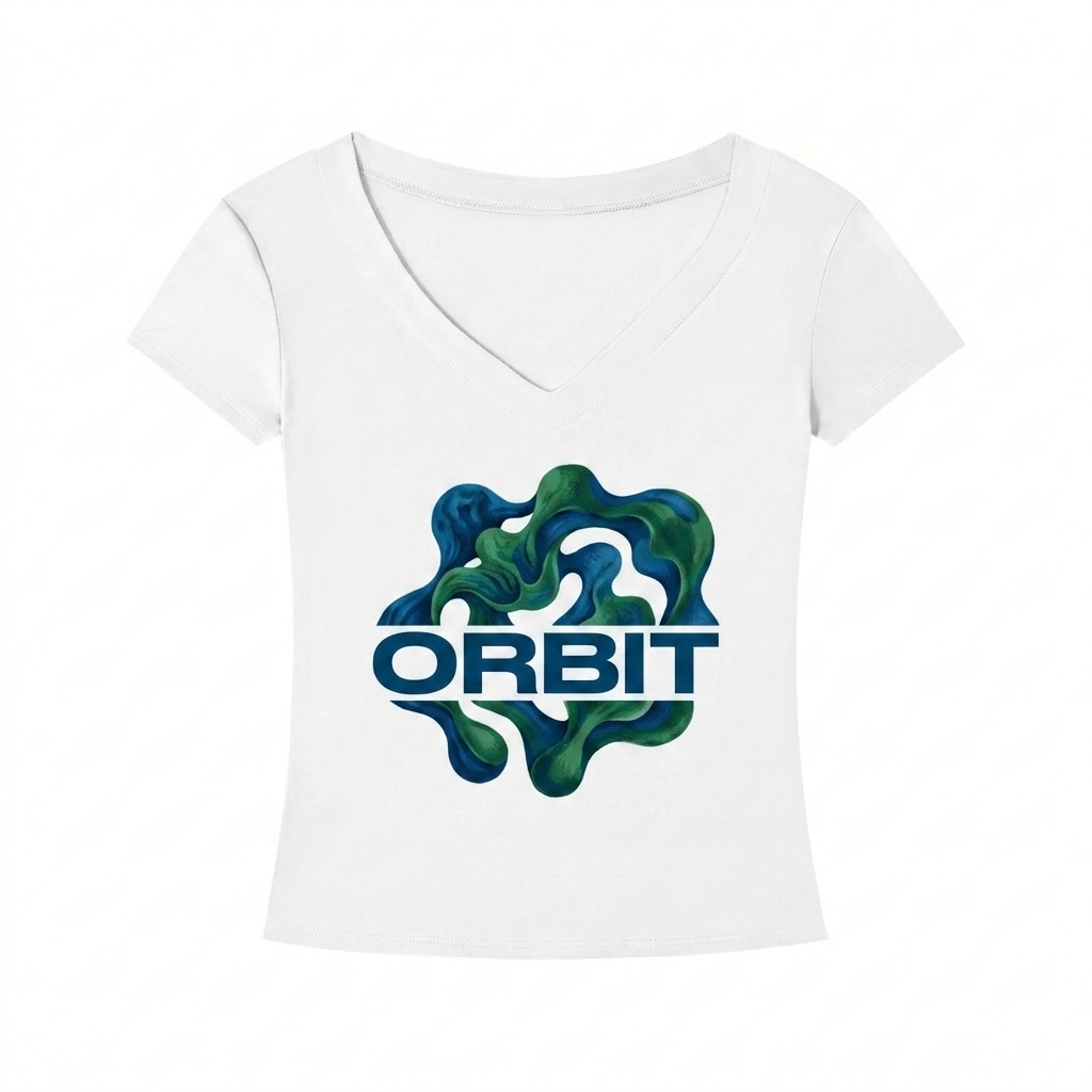 Custom Custom Slim Fit V-Neck T-Shirt design direction 2: Bold Abstract Graphic featuring the ORBIT wordmark