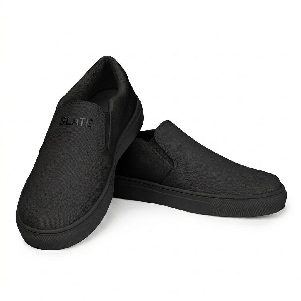 Custom Custom Slip-On Canvas Shoes design direction 1: Minimalist Wordmark featuring the SLATE wordmark