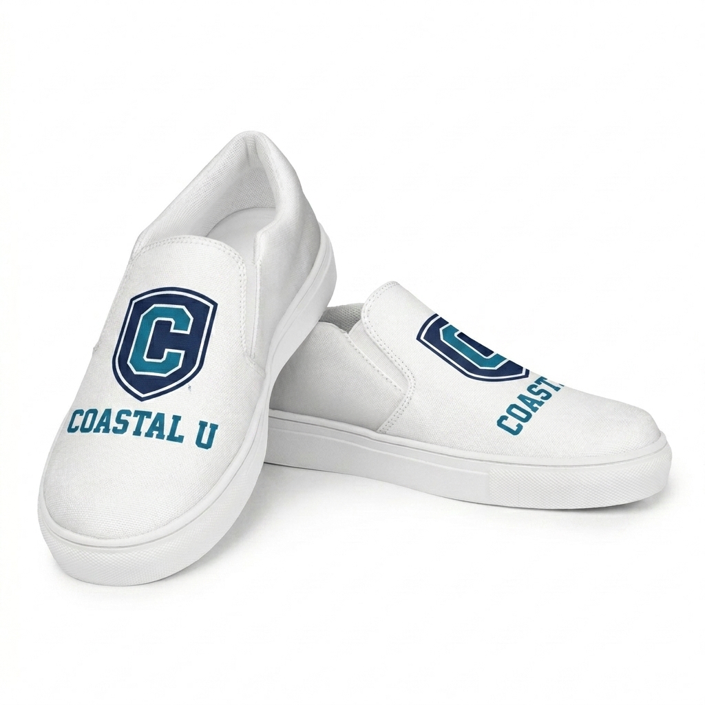 Custom Custom Slip-On Canvas Shoes design direction 2: Retro Collegiate Emblem featuring the COASTAL U wordmark