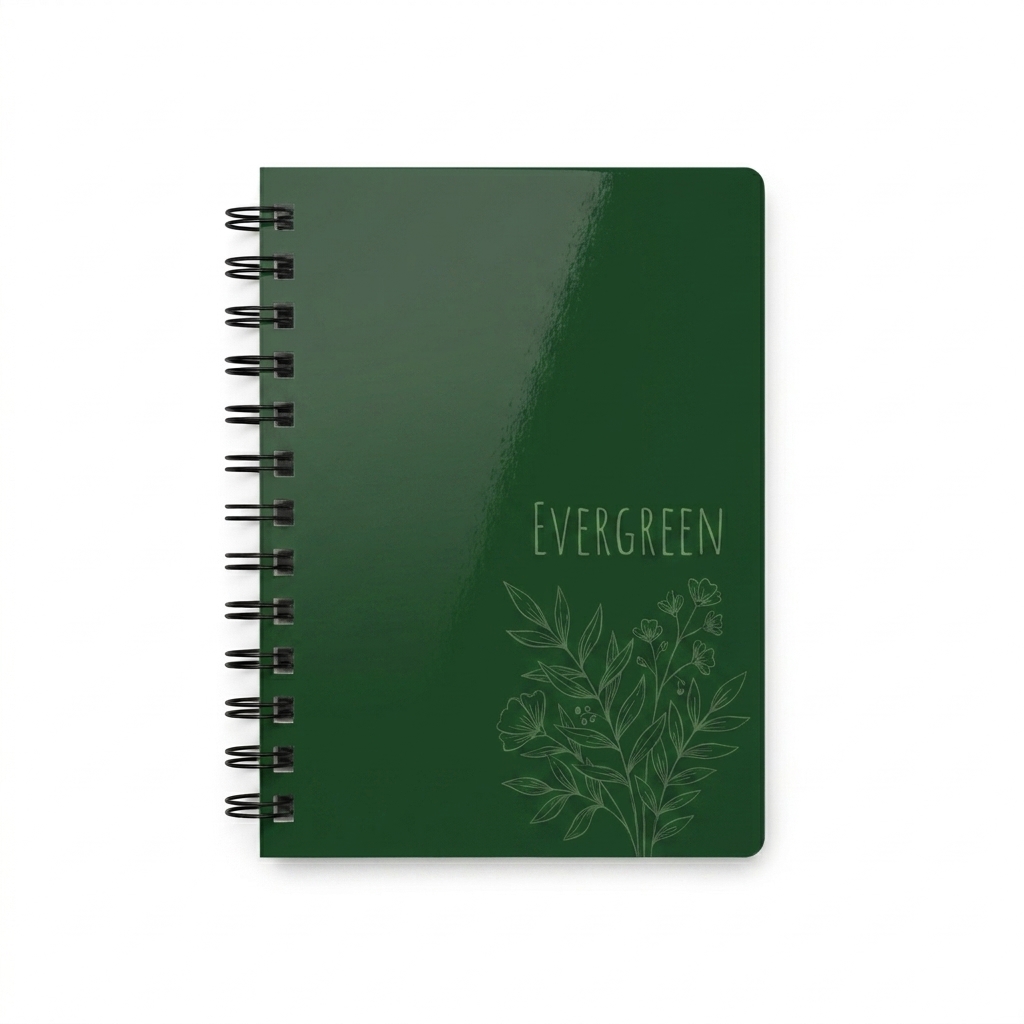 Custom Custom Spiral Bound Journal design direction 3: Botanical Line Art featuring the EVERGREEN wordmark