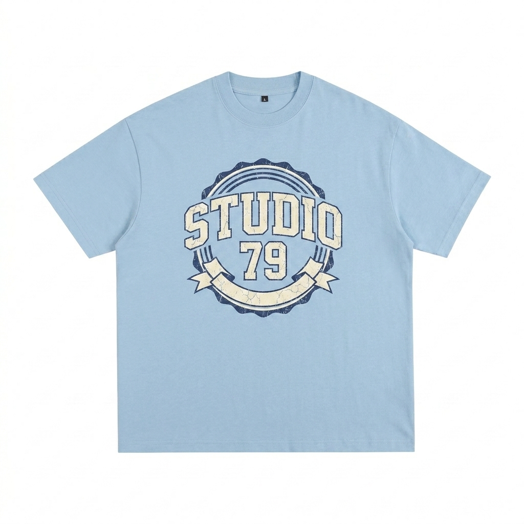 Custom Custom Splatter T-Shirt design direction 3: Retro Collegiate Emblem featuring the STUDIO 79 wordmark