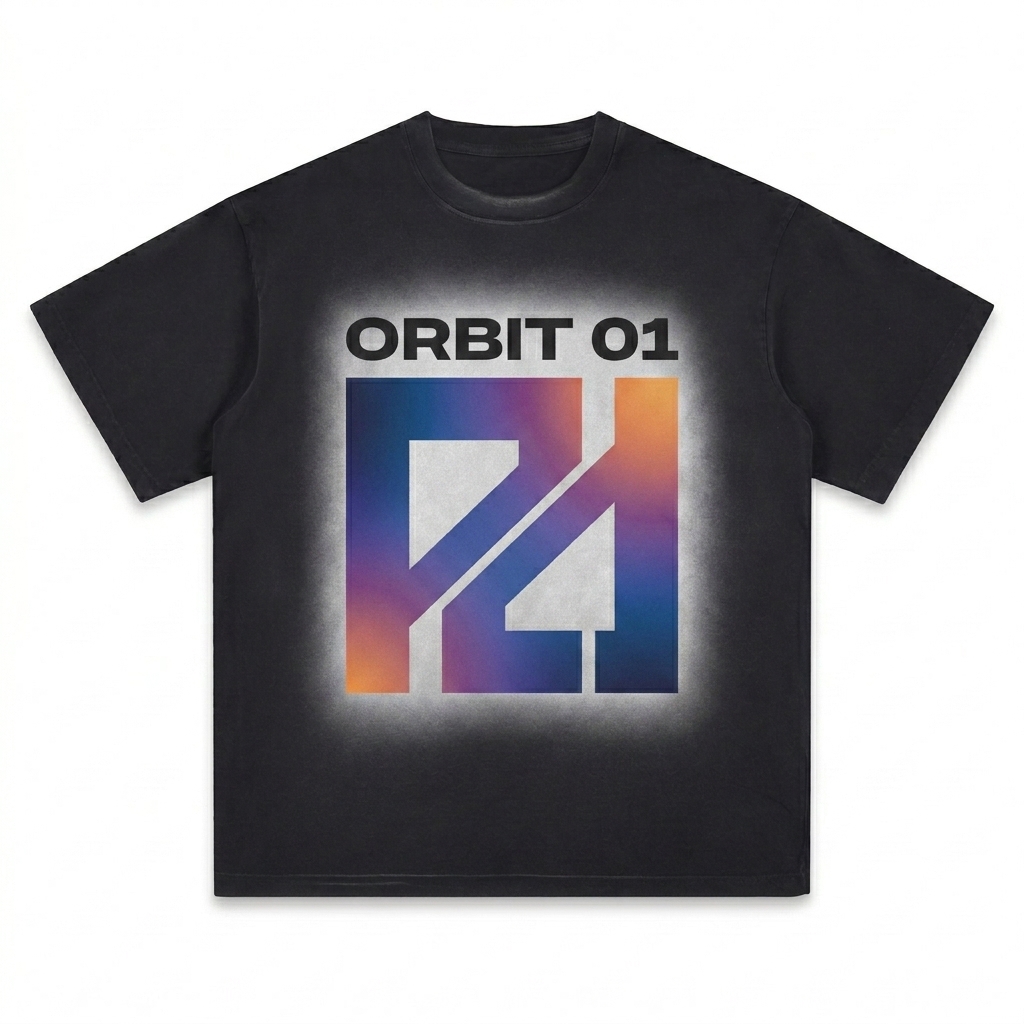 Custom Square Patch T-Shirt design direction 2: Bold Abstract Graphic featuring the ORBIT 01 wordmark