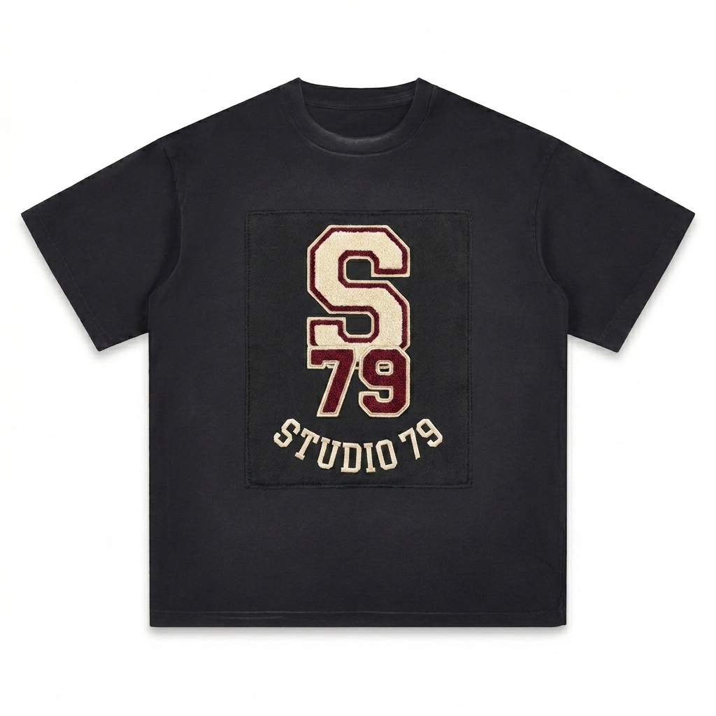 Custom Square Patch T-Shirt design direction 3: Retro Collegiate Emblem featuring the STUDIO 79 wordmark