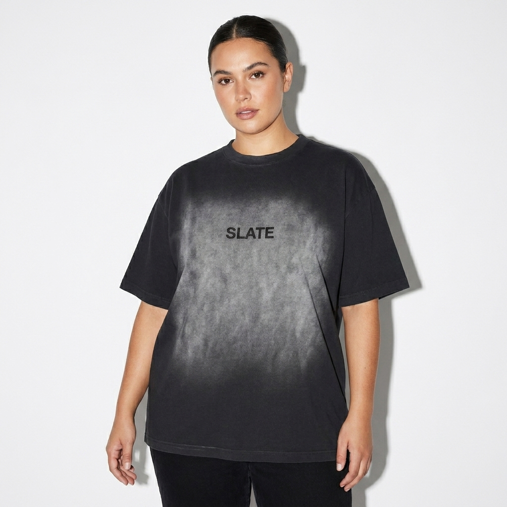Square Patch T-Shirt worn by a mid-size Australian female fashion influencer, minimalist luxury styling, studio lookbook — custom square patch t-shirt
