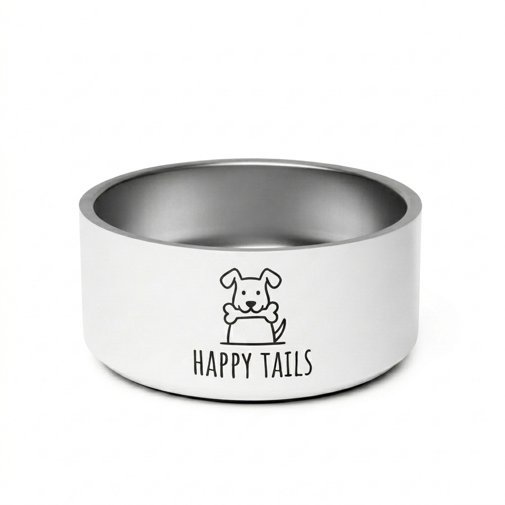 Custom Custom Stainless Steel Pet Bowl design direction 2: Playful Pet Illustration featuring the HAPPY TAILS wordmark