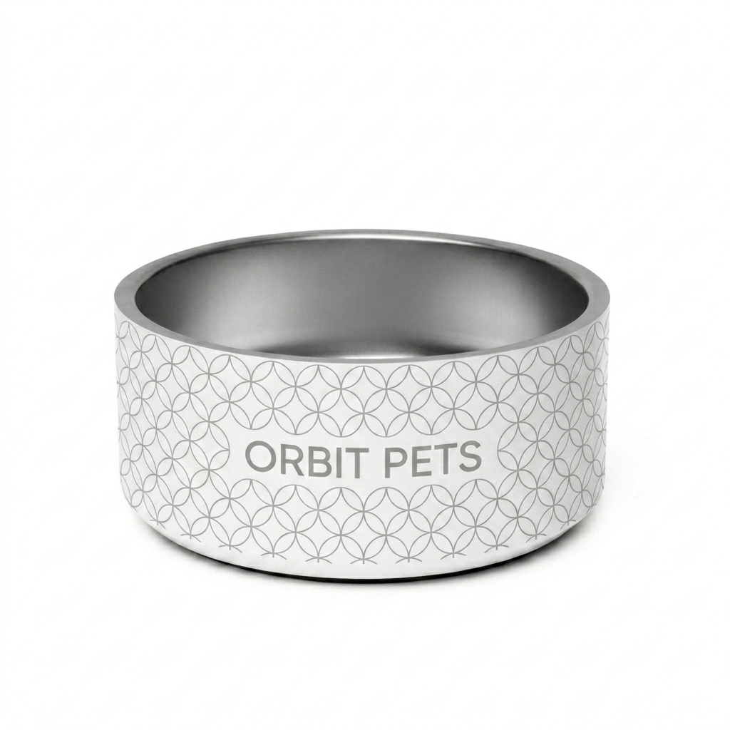 Custom Custom Stainless Steel Pet Bowl design direction 3: Geometric Pet Pattern featuring the ORBIT PETS wordmark