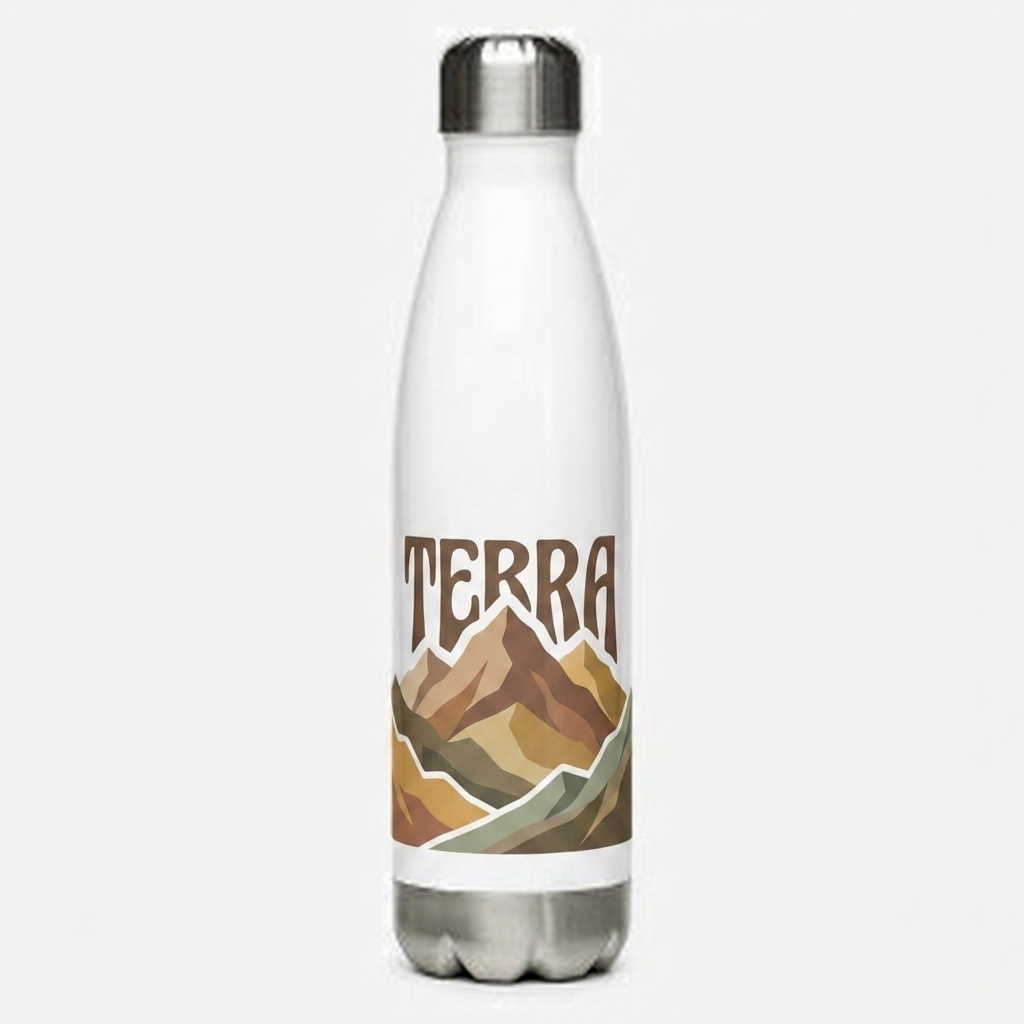 Custom Stainless Steel Water Bottle design direction 2: Bold Graphic Illustration featuring the TERRA wordmark