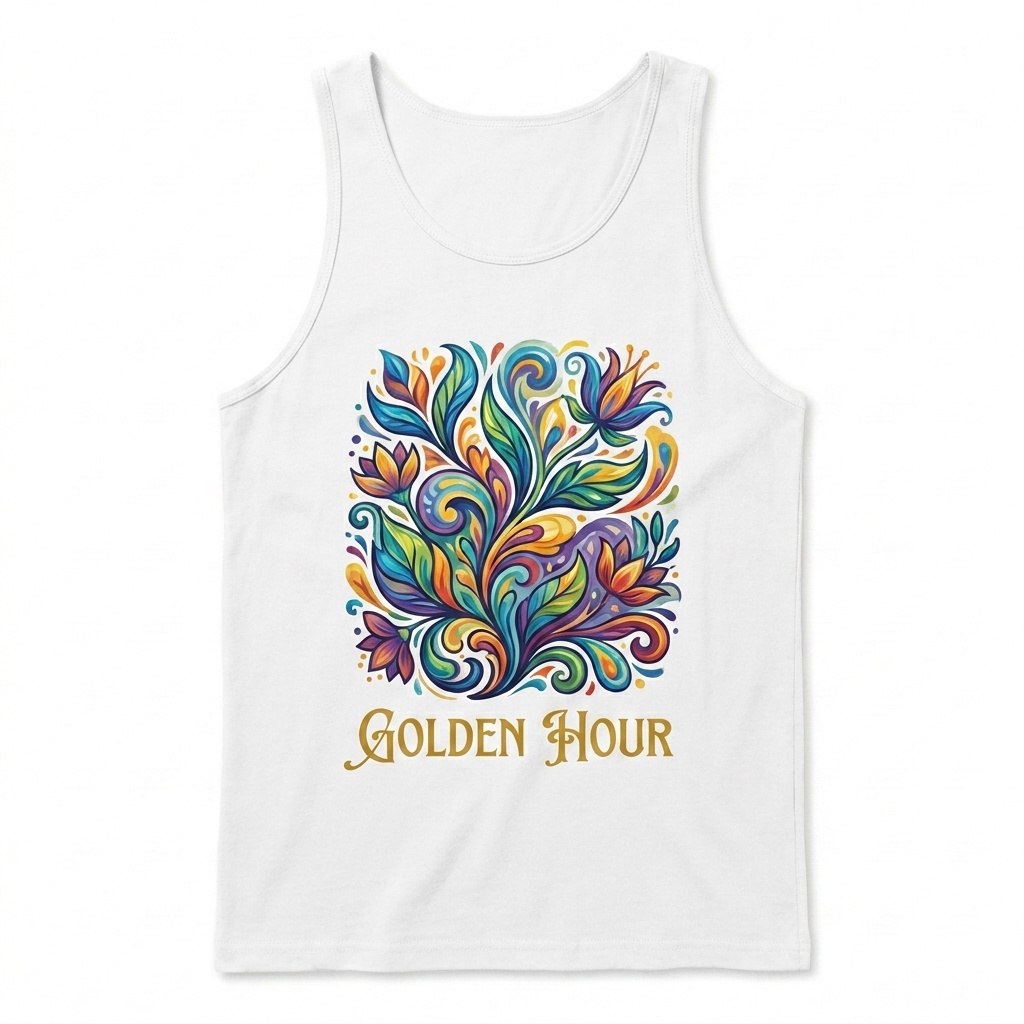 Custom Staple Tank Top design direction 2: Bold Graphic Illustration featuring the GOLDEN HOUR wordmark