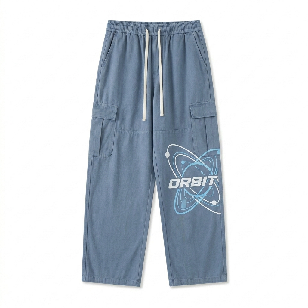 Custom Custom Straight-Leg Cargo Pants design direction 2: Bold Graphic Illustration featuring the ORBIT wordmark