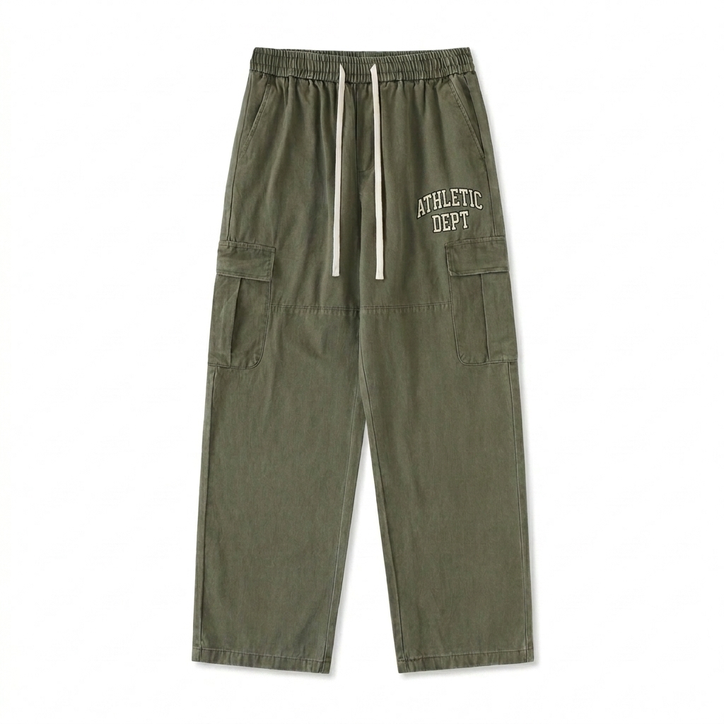 Custom Custom Straight-Leg Cargo Pants design direction 3: Retro Collegiate Emblem featuring the ATHLETIC DEPT wordmark