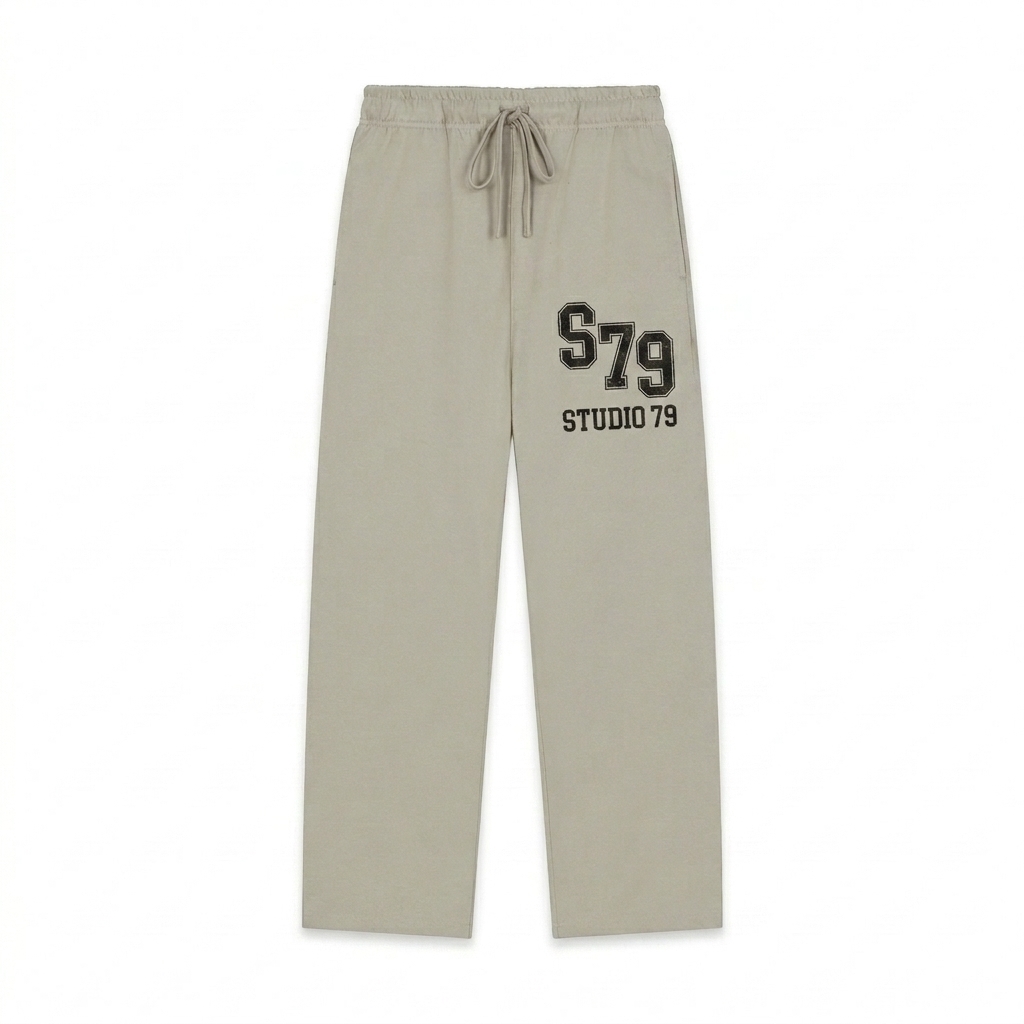 Custom Straight-Leg Sweatpants design direction 2: Retro Collegiate Emblem featuring the STUDIO 79 wordmark