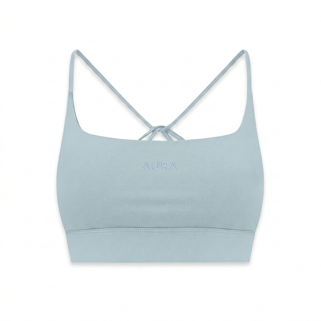 Custom Strappy Criss Cross Sports Bra design direction 1: Tonal Minimalist Wordmark featuring the AURA wordmark