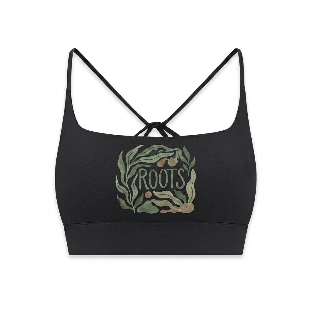 Custom Strappy Criss Cross Sports Bra design direction 2: Botanical Graphic featuring the ROOTS wordmark