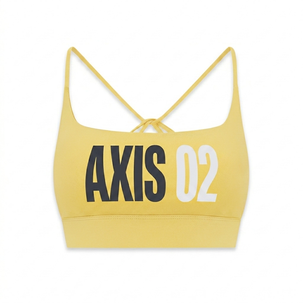 Custom Strappy Criss Cross Sports Bra design direction 3: Futuristic Typography Experiment featuring the AXIS 02 wordmark