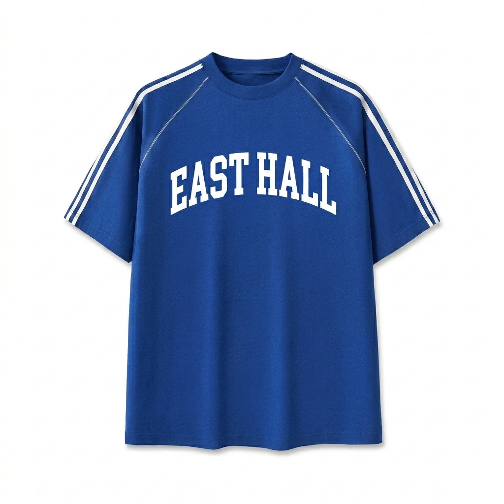Custom Custom Striped Contrast Stitch T-Shirt design direction 1: Retro Collegiate Wordmark featuring the EAST HALL wordmark