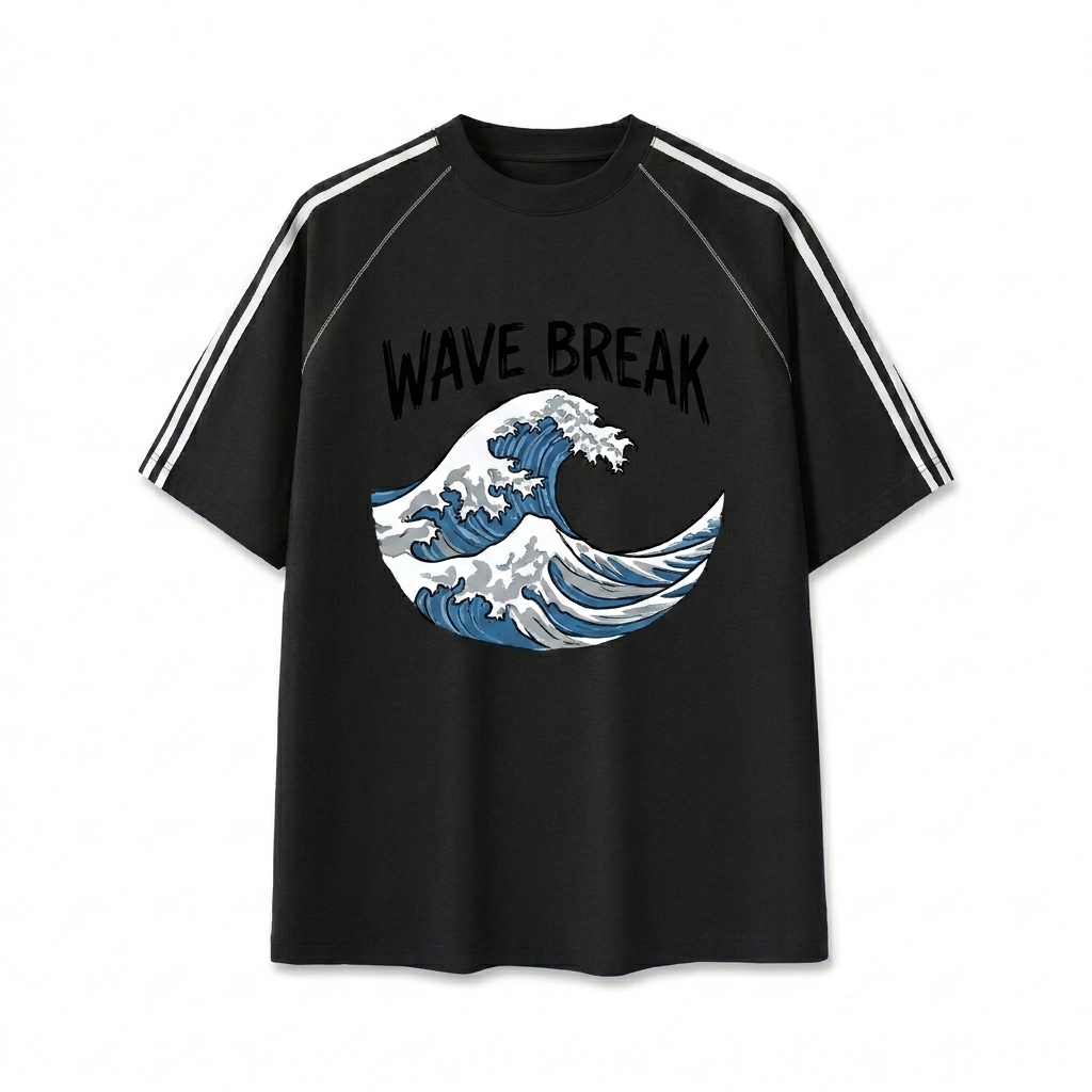 Custom Custom Striped Contrast Stitch T-Shirt design direction 3: Skateboard Graphic featuring the WAVE BREAK wordmark
