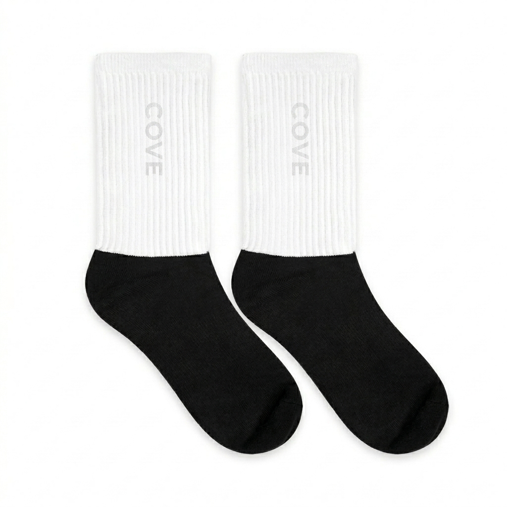 Custom Custom Sublimated Crew Socks design direction 1: Minimalist Wordmark featuring the COVE wordmark